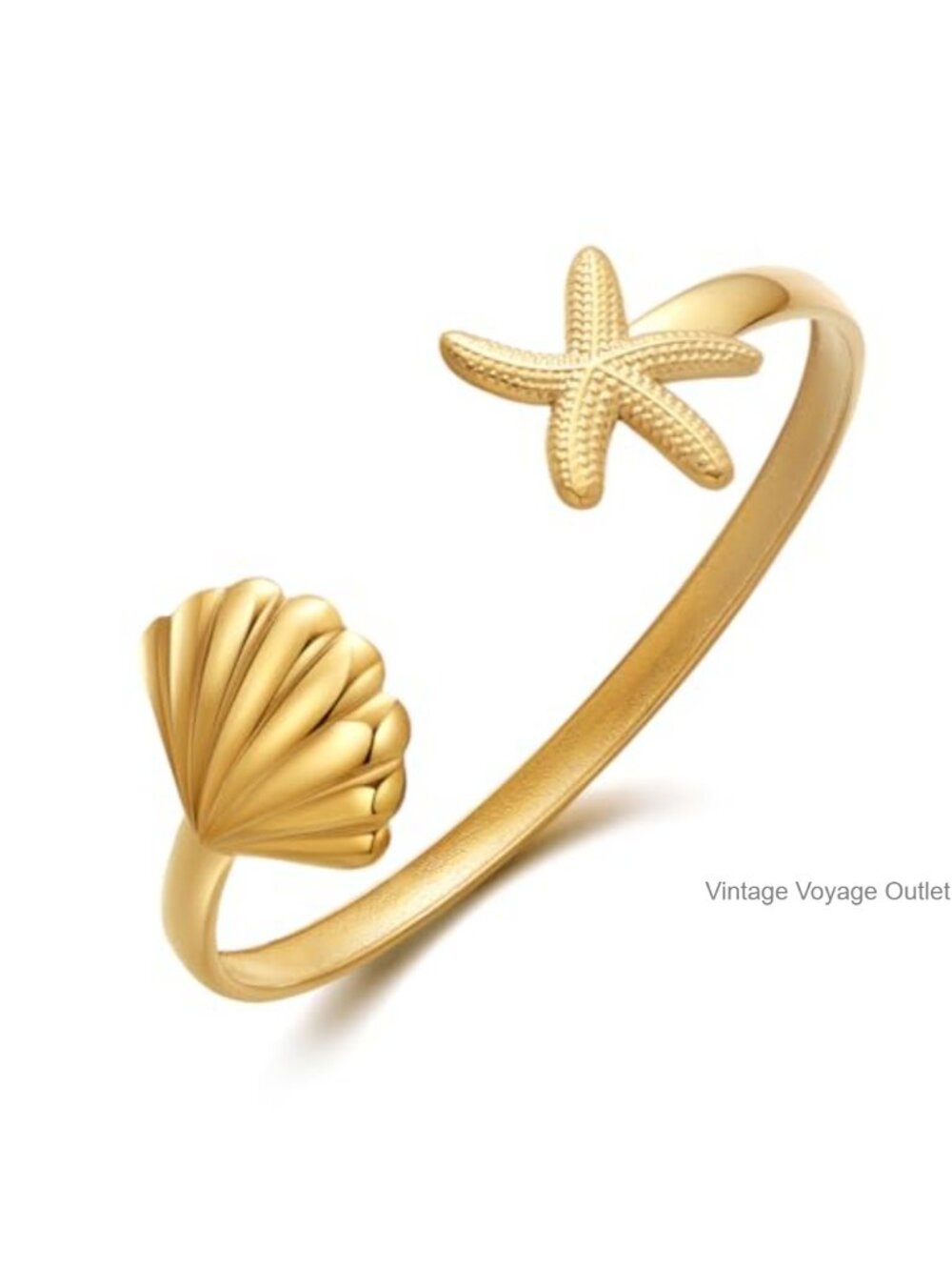 Gold Plated Cuff Bracelet Shell Starfish Charm Boho Beach Summer Jewelry
